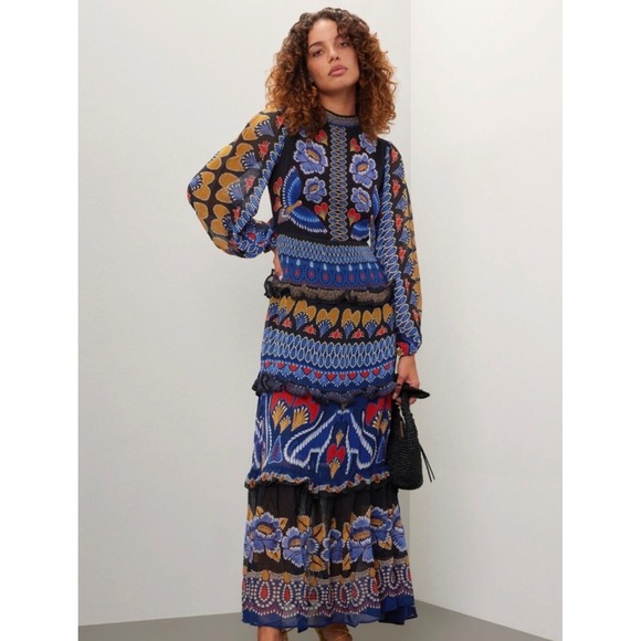 FARM Rio Dresses & Skirts - Farm Rio Ainika Maxi Dress Womens XS Multi Good Floral Tiered Ruffle Boho